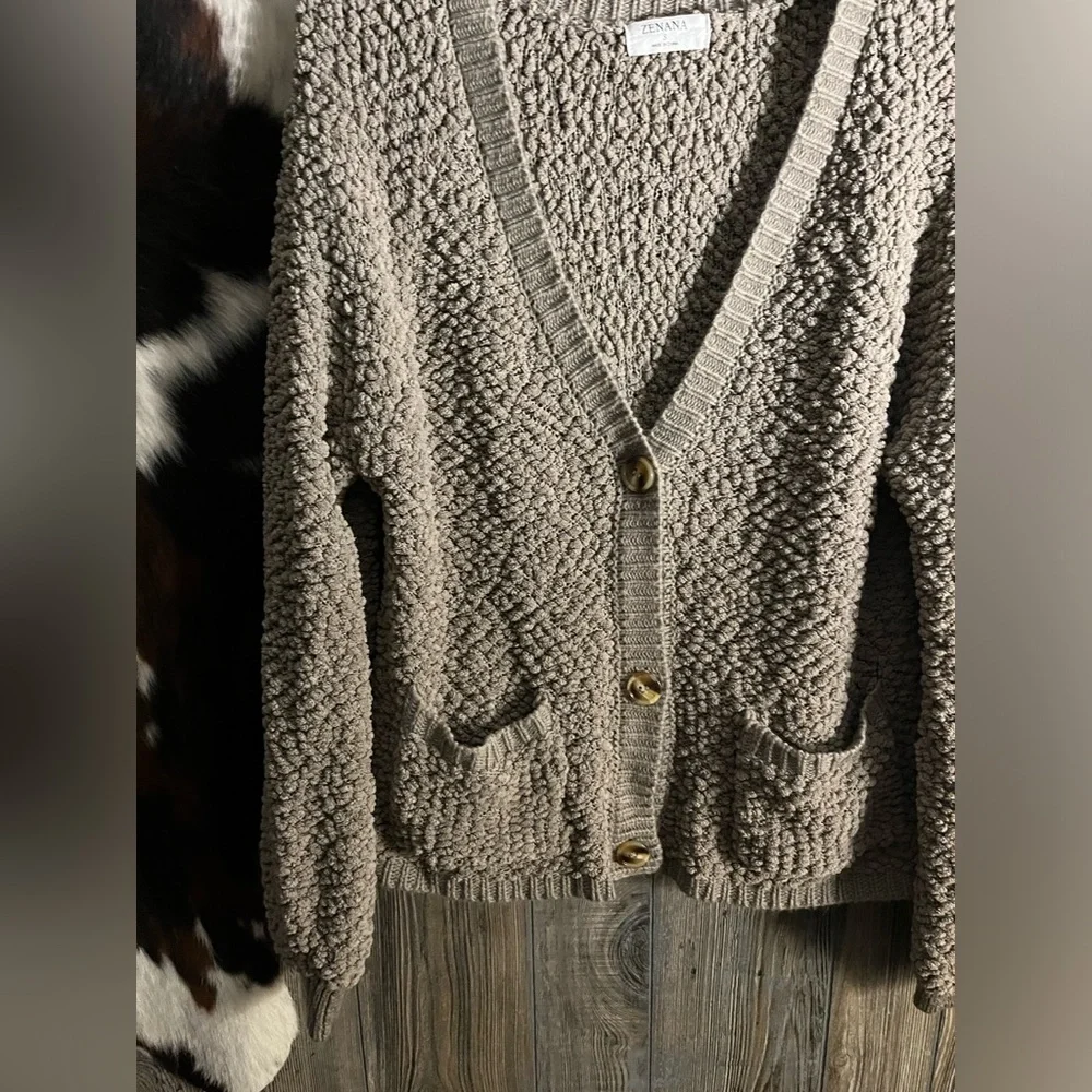 Zenana slouchy size small puffy cardigan size small brown/gray - Picture 2 of 5